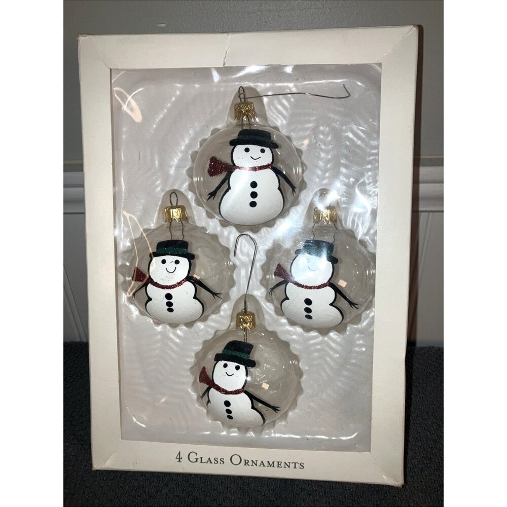 4 Vintage Painted Snowman Clear Glass Christmas Ornament Cute With Glitter W/Box